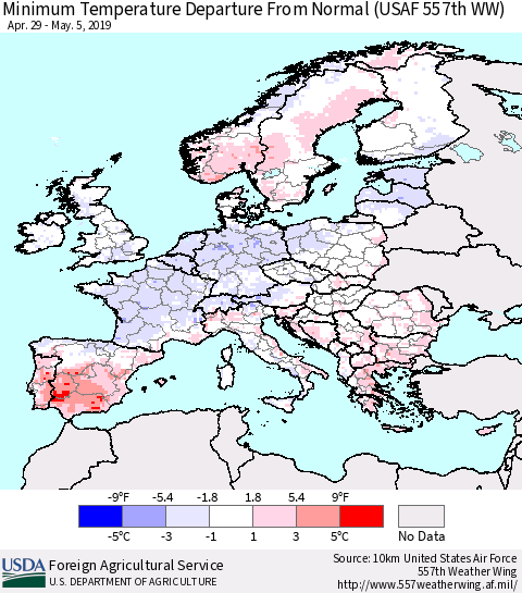 Europe Mean Minimum Temperature Departure from Normal (USAF 557th WW) Thematic Map For 4/29/2019 - 5/5/2019