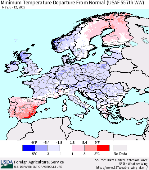 Europe Mean Minimum Temperature Departure from Normal (USAF 557th WW) Thematic Map For 5/6/2019 - 5/12/2019