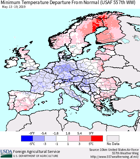 Europe Mean Minimum Temperature Departure from Normal (USAF 557th WW) Thematic Map For 5/13/2019 - 5/19/2019