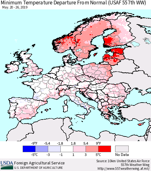 Europe Mean Minimum Temperature Departure from Normal (USAF 557th WW) Thematic Map For 5/20/2019 - 5/26/2019
