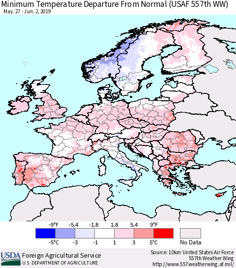 Europe Mean Minimum Temperature Departure from Normal (USAF 557th WW) Thematic Map For 5/27/2019 - 6/2/2019