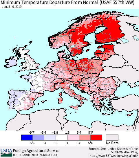 Europe Mean Minimum Temperature Departure from Normal (USAF 557th WW) Thematic Map For 6/3/2019 - 6/9/2019
