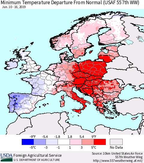 Europe Mean Minimum Temperature Departure from Normal (USAF 557th WW) Thematic Map For 6/10/2019 - 6/16/2019