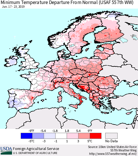 Europe Mean Minimum Temperature Departure from Normal (USAF 557th WW) Thematic Map For 6/17/2019 - 6/23/2019