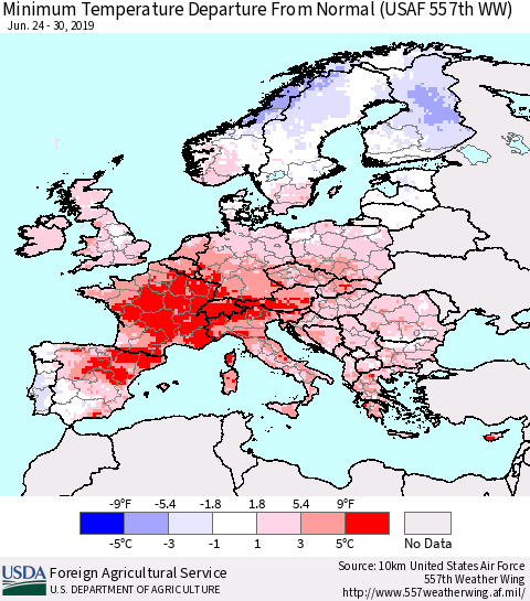 Europe Mean Minimum Temperature Departure from Normal (USAF 557th WW) Thematic Map For 6/24/2019 - 6/30/2019