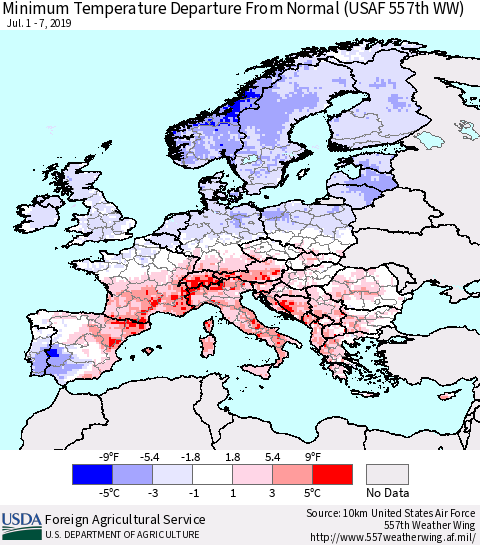 Europe Mean Minimum Temperature Departure from Normal (USAF 557th WW) Thematic Map For 7/1/2019 - 7/7/2019