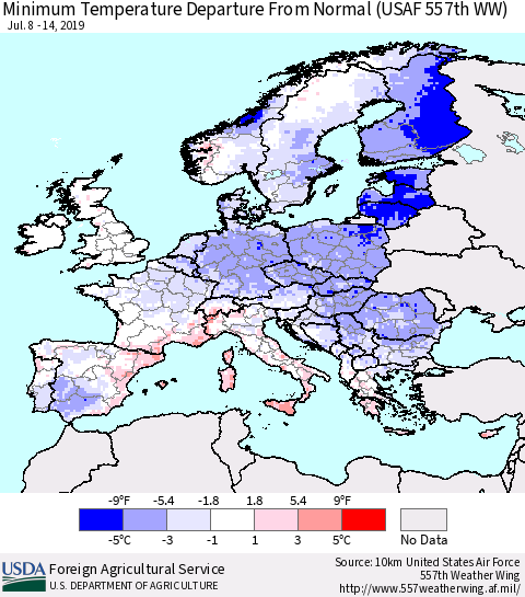 Europe Mean Minimum Temperature Departure from Normal (USAF 557th WW) Thematic Map For 7/8/2019 - 7/14/2019