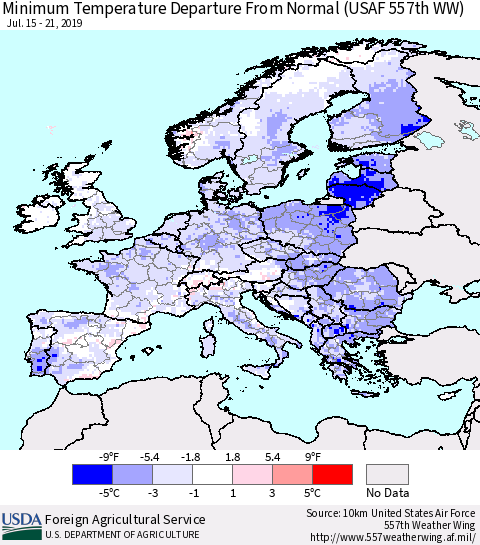 Europe Mean Minimum Temperature Departure from Normal (USAF 557th WW) Thematic Map For 7/15/2019 - 7/21/2019
