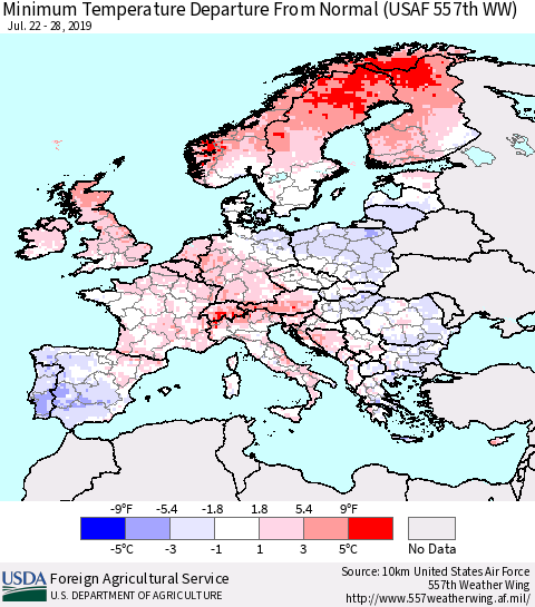 Europe Mean Minimum Temperature Departure from Normal (USAF 557th WW) Thematic Map For 7/22/2019 - 7/28/2019