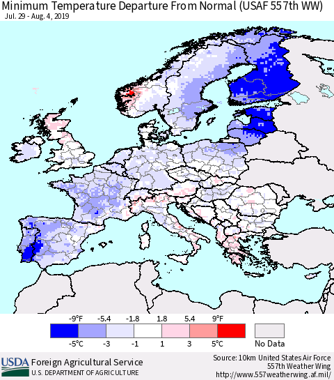 Europe Mean Minimum Temperature Departure from Normal (USAF 557th WW) Thematic Map For 7/29/2019 - 8/4/2019