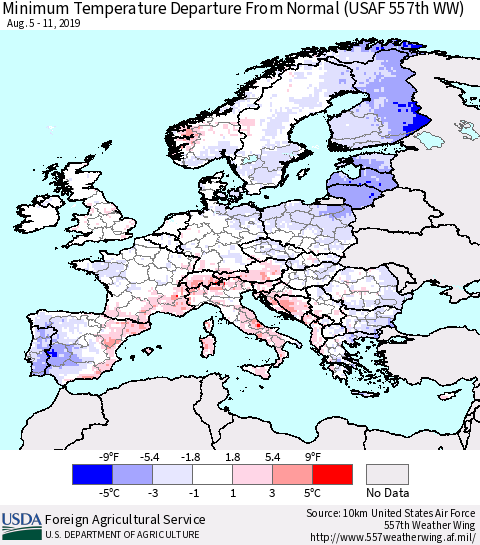 Europe Mean Minimum Temperature Departure from Normal (USAF 557th WW) Thematic Map For 8/5/2019 - 8/11/2019