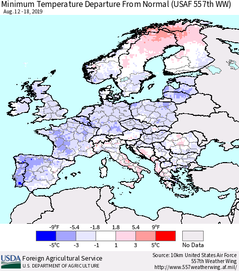 Europe Mean Minimum Temperature Departure from Normal (USAF 557th WW) Thematic Map For 8/12/2019 - 8/18/2019