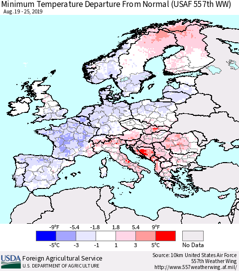 Europe Mean Minimum Temperature Departure from Normal (USAF 557th WW) Thematic Map For 8/19/2019 - 8/25/2019