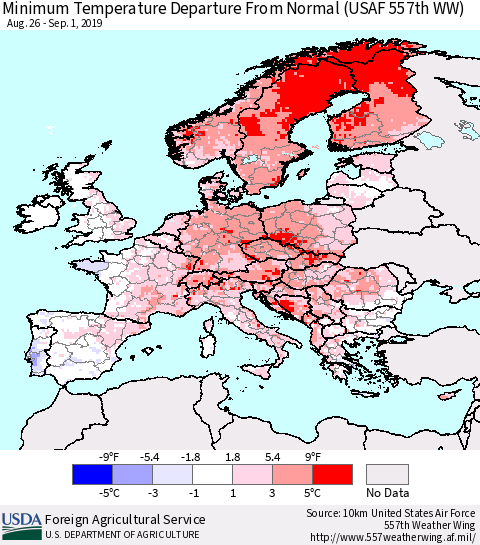 Europe Mean Minimum Temperature Departure from Normal (USAF 557th WW) Thematic Map For 8/26/2019 - 9/1/2019