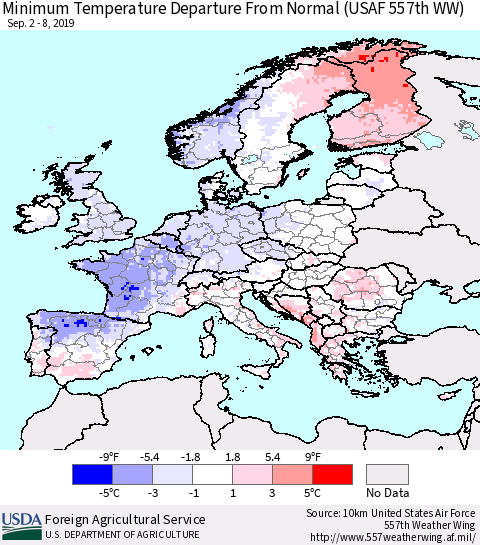 Europe Mean Minimum Temperature Departure from Normal (USAF 557th WW) Thematic Map For 9/2/2019 - 9/8/2019