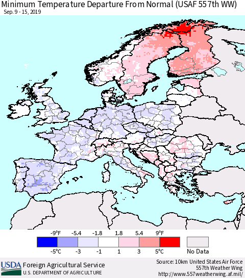 Europe Mean Minimum Temperature Departure from Normal (USAF 557th WW) Thematic Map For 9/9/2019 - 9/15/2019