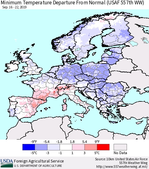 Europe Mean Minimum Temperature Departure from Normal (USAF 557th WW) Thematic Map For 9/16/2019 - 9/22/2019