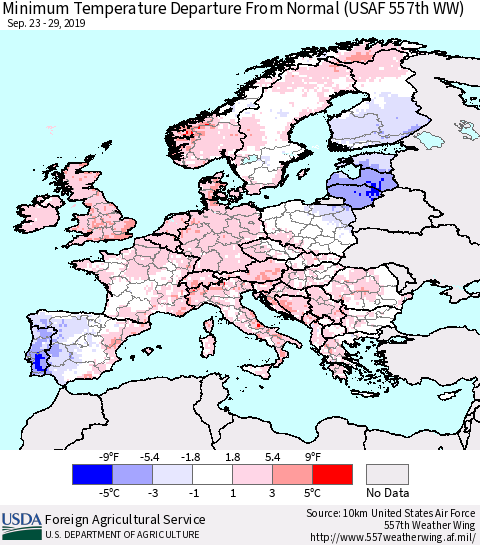Europe Mean Minimum Temperature Departure from Normal (USAF 557th WW) Thematic Map For 9/23/2019 - 9/29/2019