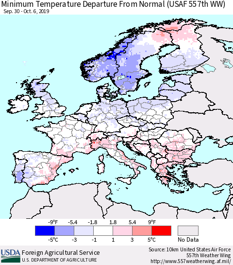 Europe Mean Minimum Temperature Departure from Normal (USAF 557th WW) Thematic Map For 9/30/2019 - 10/6/2019