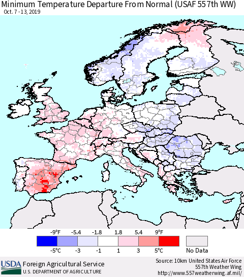 Europe Mean Minimum Temperature Departure from Normal (USAF 557th WW) Thematic Map For 10/7/2019 - 10/13/2019