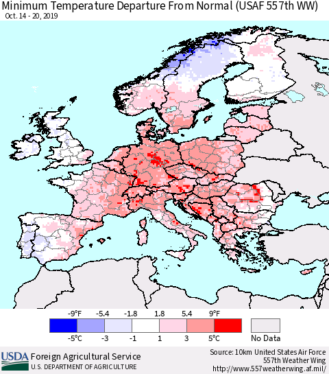 Europe Mean Minimum Temperature Departure from Normal (USAF 557th WW) Thematic Map For 10/14/2019 - 10/20/2019
