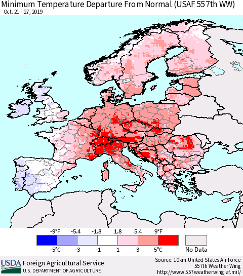 Europe Mean Minimum Temperature Departure from Normal (USAF 557th WW) Thematic Map For 10/21/2019 - 10/27/2019