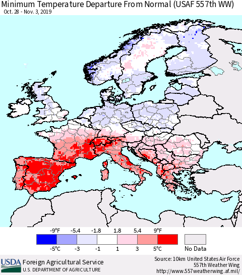 Europe Mean Minimum Temperature Departure from Normal (USAF 557th WW) Thematic Map For 10/28/2019 - 11/3/2019