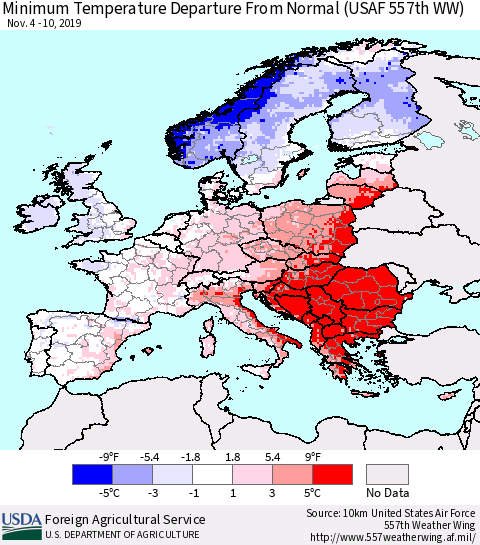 Europe Mean Minimum Temperature Departure from Normal (USAF 557th WW) Thematic Map For 11/4/2019 - 11/10/2019