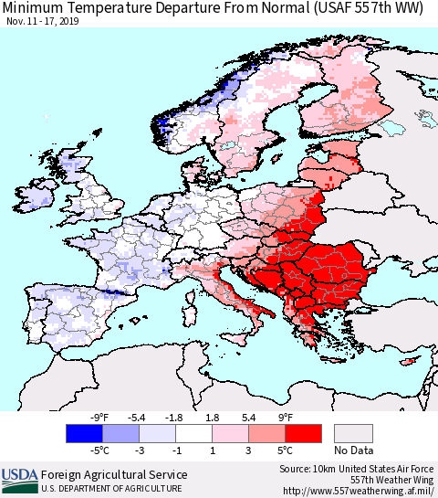 Europe Mean Minimum Temperature Departure from Normal (USAF 557th WW) Thematic Map For 11/11/2019 - 11/17/2019
