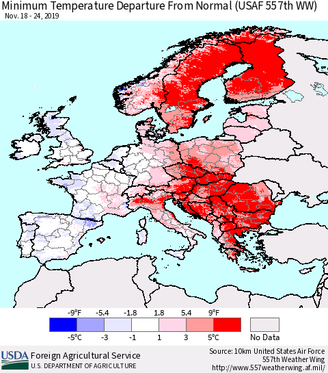 Europe Mean Minimum Temperature Departure from Normal (USAF 557th WW) Thematic Map For 11/18/2019 - 11/24/2019