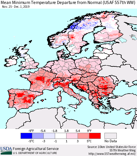 Europe Mean Minimum Temperature Departure from Normal (USAF 557th WW) Thematic Map For 11/25/2019 - 12/1/2019