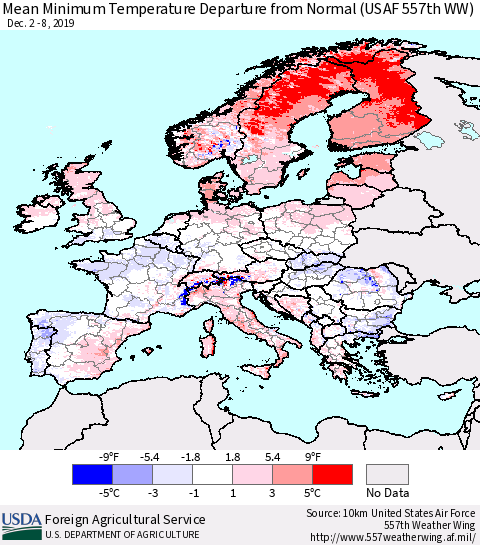 Europe Mean Minimum Temperature Departure from Normal (USAF 557th WW) Thematic Map For 12/2/2019 - 12/8/2019