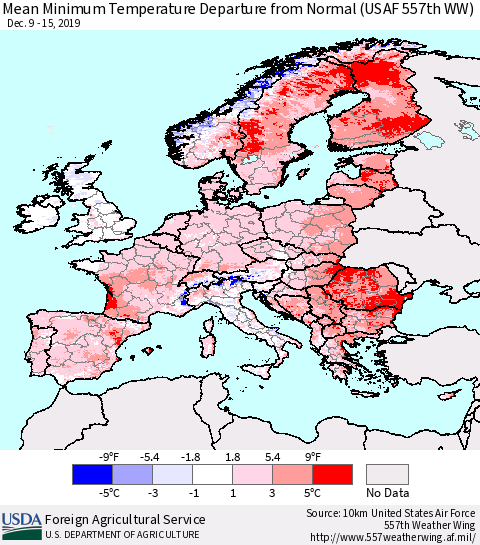 Europe Mean Minimum Temperature Departure from Normal (USAF 557th WW) Thematic Map For 12/9/2019 - 12/15/2019
