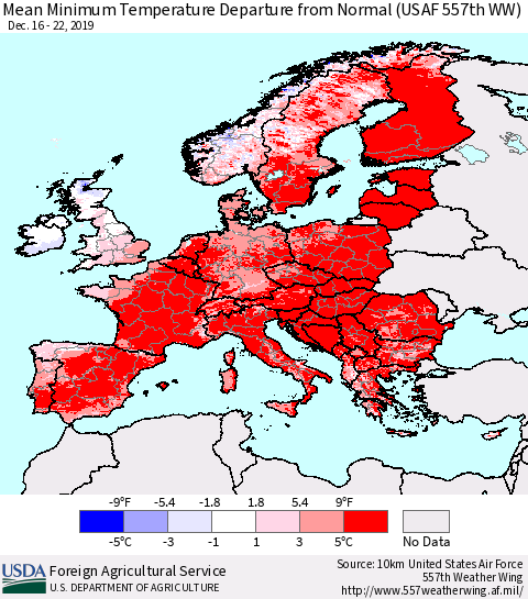 Europe Mean Minimum Temperature Departure from Normal (USAF 557th WW) Thematic Map For 12/16/2019 - 12/22/2019
