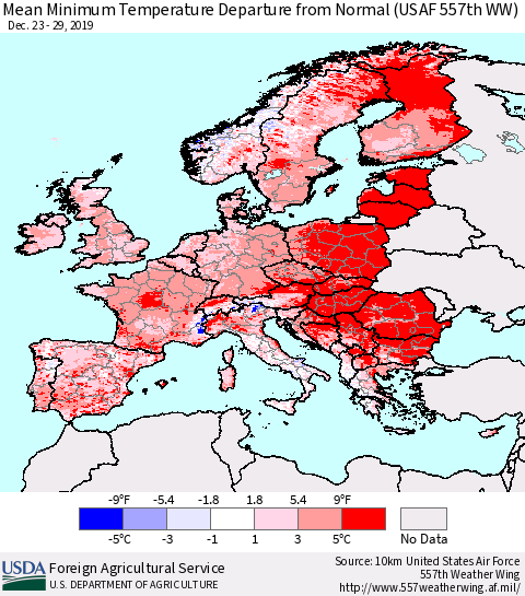 Europe Mean Minimum Temperature Departure from Normal (USAF 557th WW) Thematic Map For 12/23/2019 - 12/29/2019