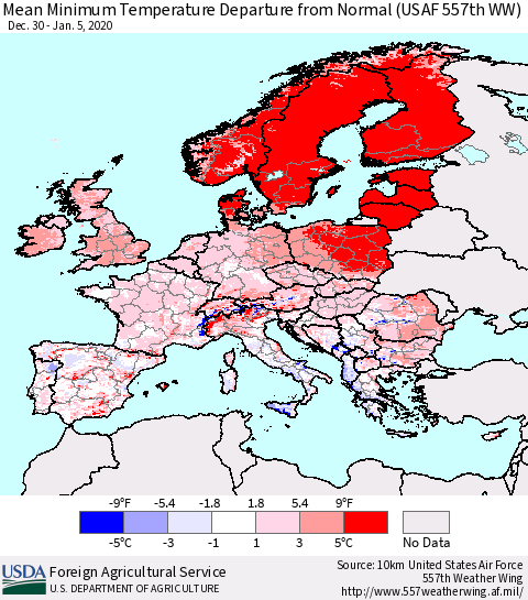 Europe Mean Minimum Temperature Departure from Normal (USAF 557th WW) Thematic Map For 12/30/2019 - 1/5/2020