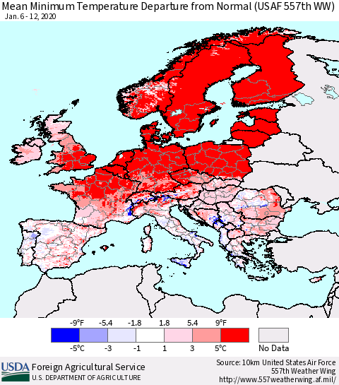 Europe Mean Minimum Temperature Departure from Normal (USAF 557th WW) Thematic Map For 1/6/2020 - 1/12/2020