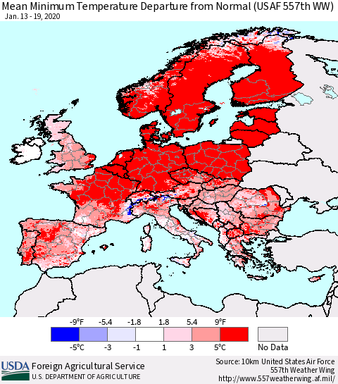 Europe Mean Minimum Temperature Departure from Normal (USAF 557th WW) Thematic Map For 1/13/2020 - 1/19/2020
