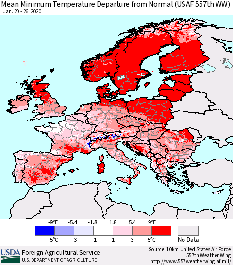 Europe Mean Minimum Temperature Departure from Normal (USAF 557th WW) Thematic Map For 1/20/2020 - 1/26/2020