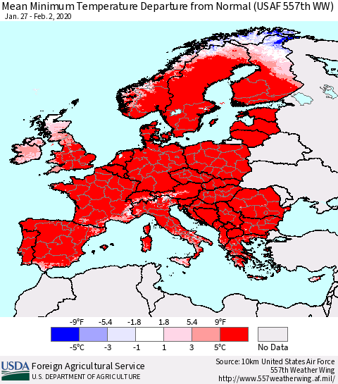 Europe Mean Minimum Temperature Departure from Normal (USAF 557th WW) Thematic Map For 1/27/2020 - 2/2/2020