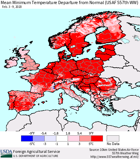 Europe Mean Minimum Temperature Departure from Normal (USAF 557th WW) Thematic Map For 2/3/2020 - 2/9/2020