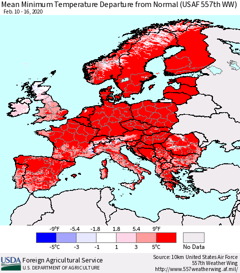 Europe Mean Minimum Temperature Departure from Normal (USAF 557th WW) Thematic Map For 2/10/2020 - 2/16/2020