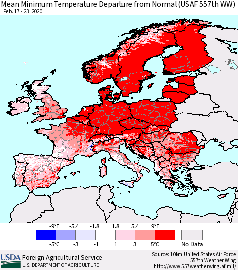 Europe Mean Minimum Temperature Departure from Normal (USAF 557th WW) Thematic Map For 2/17/2020 - 2/23/2020