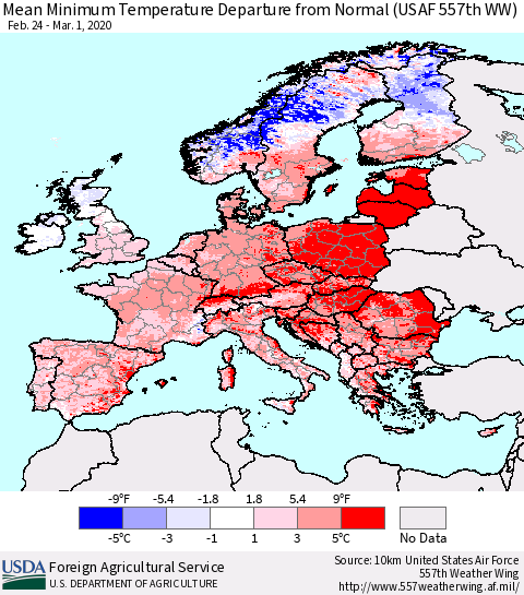 Europe Mean Minimum Temperature Departure from Normal (USAF 557th WW) Thematic Map For 2/24/2020 - 3/1/2020