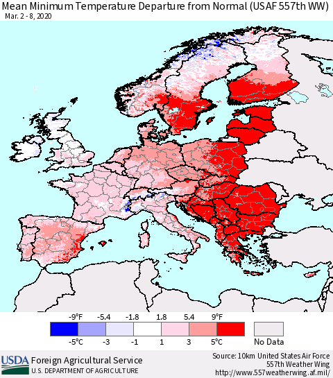Europe Mean Minimum Temperature Departure from Normal (USAF 557th WW) Thematic Map For 3/2/2020 - 3/8/2020