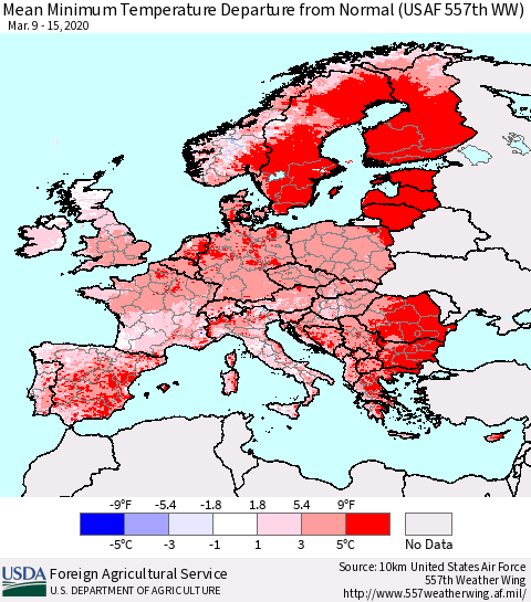 Europe Mean Minimum Temperature Departure from Normal (USAF 557th WW) Thematic Map For 3/9/2020 - 3/15/2020