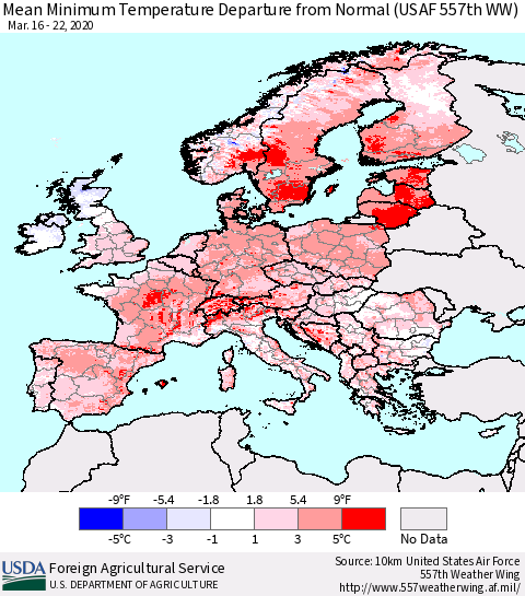 Europe Mean Minimum Temperature Departure from Normal (USAF 557th WW) Thematic Map For 3/16/2020 - 3/22/2020