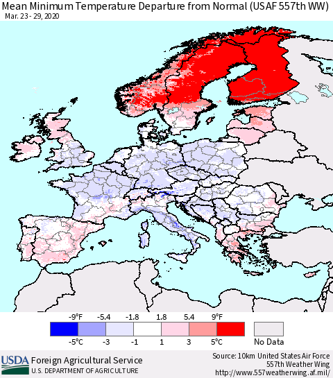 Europe Mean Minimum Temperature Departure from Normal (USAF 557th WW) Thematic Map For 3/23/2020 - 3/29/2020