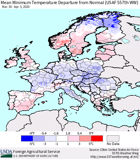 Europe Mean Minimum Temperature Departure from Normal (USAF 557th WW) Thematic Map For 3/30/2020 - 4/5/2020