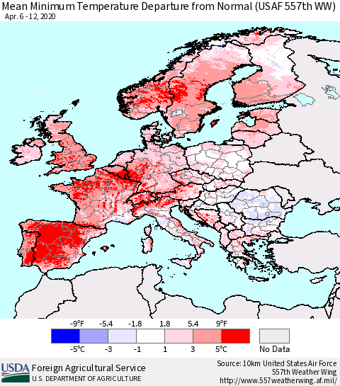 Europe Mean Minimum Temperature Departure from Normal (USAF 557th WW) Thematic Map For 4/6/2020 - 4/12/2020